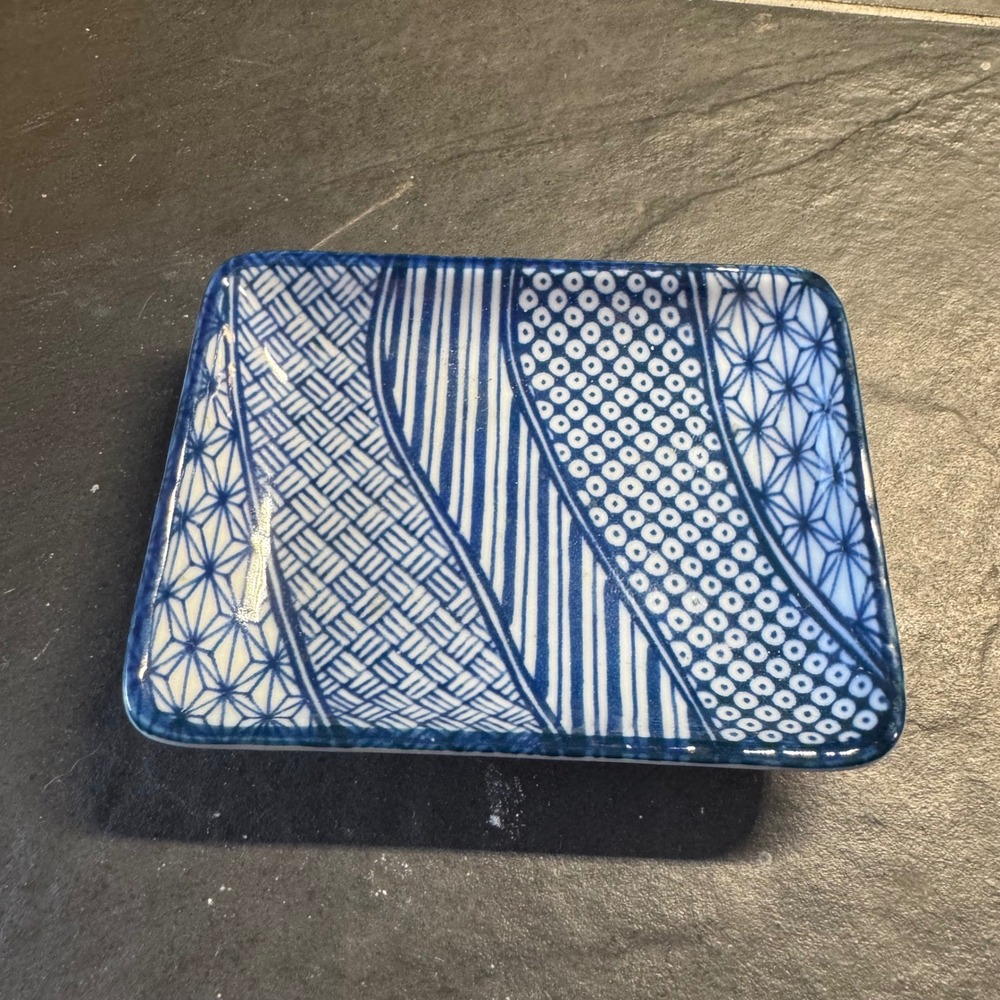 Blue White Ceramic Soap Dish Geometric Patchwork Trinket Tray 4x3 Rectangular